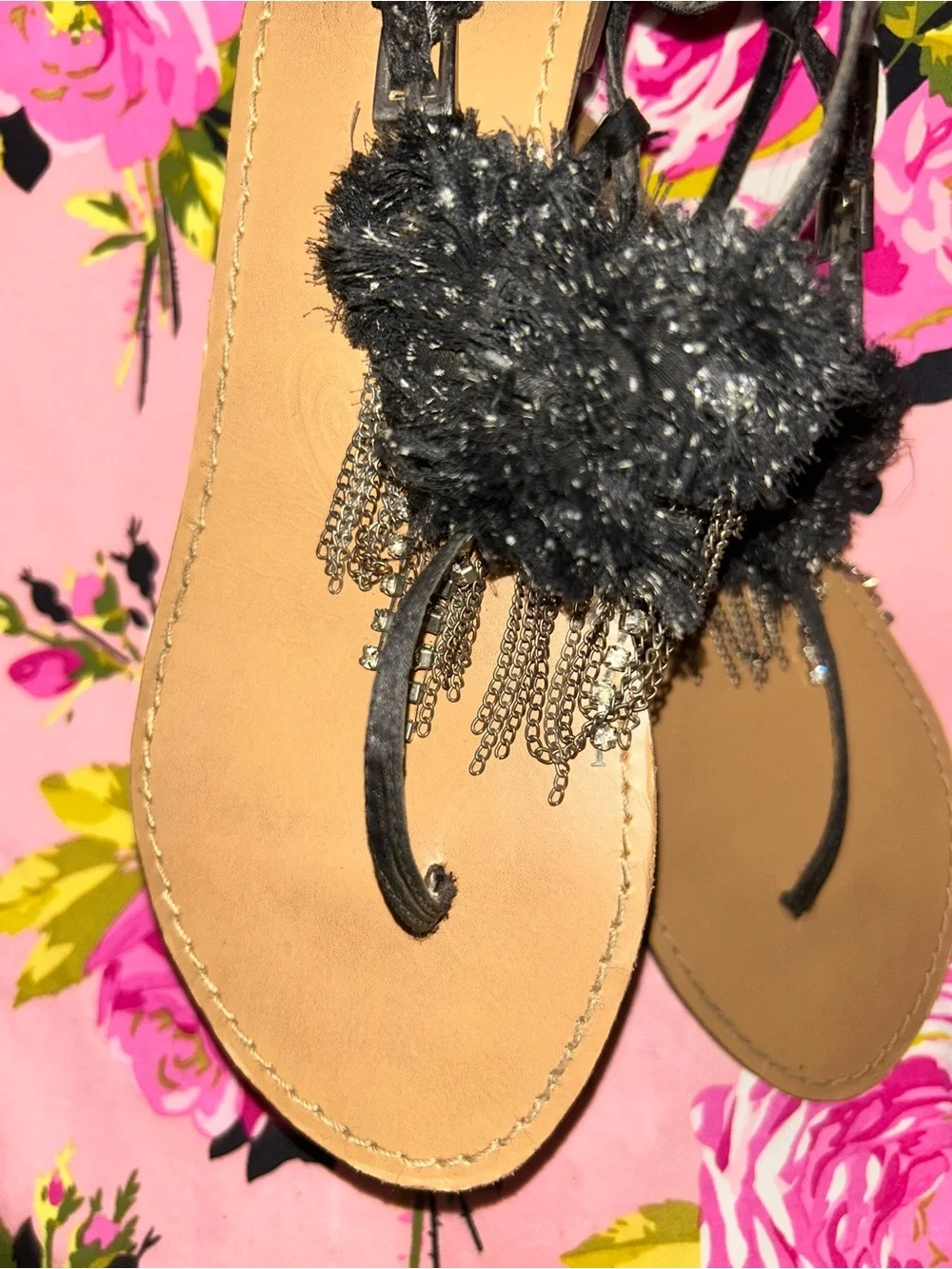 Naughty Monkey Black crystal thong sandals flip flops 90’s Y2K vintage shoes 9